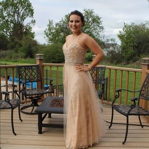 Dave and Johnny Champagne Beaded Lace Prom Dress